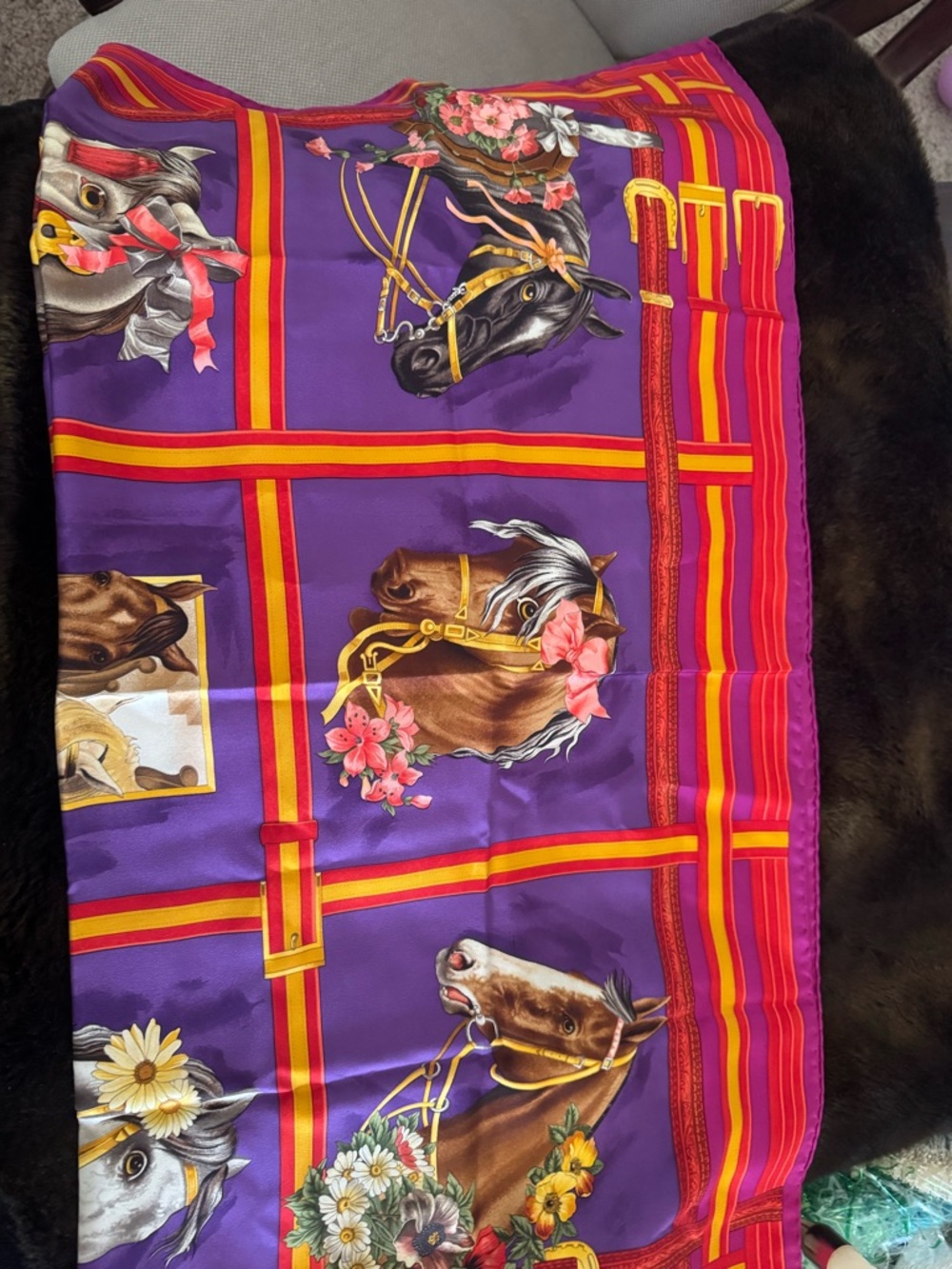 Gucci Multicolor Silk Scarf in Purple, Red & Yellow with Horses - Picture 2 of 6